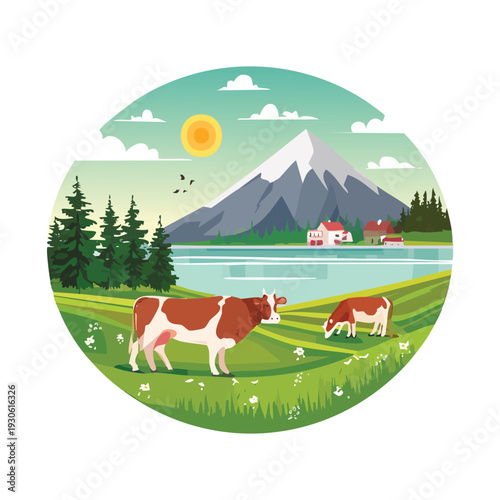 Cows grazing in a scenic landscape with mountains and lake
