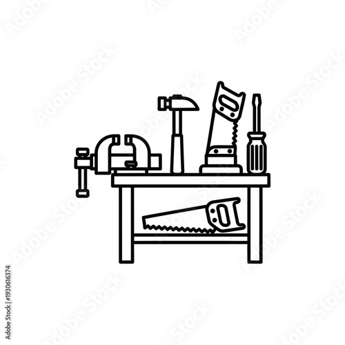 Minimalist Line Art of Basic Hand Tools on Workbench for Carpentry and DIY Projects