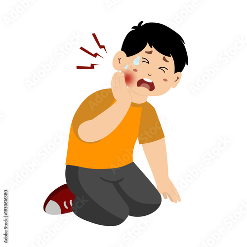 Cute little kid suffering from toothache touching her cheek feeling painful, toothache from eating too much candy. vector illustration
