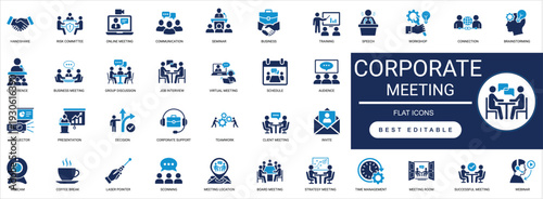 Corporate Meeting Solid Icon Set. Business, Presentation, Teamwork, Conference, Strategy,  webinar, Management, Discussion. Editable Vector Illustration.