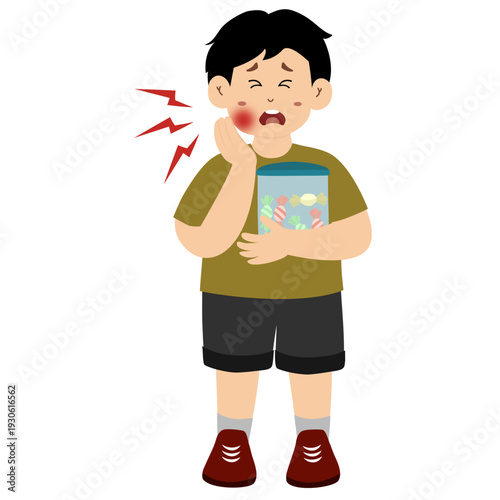 Cute little kid suffering from toothache touching her cheek feeling painful, toothache from eating too much candy. vector illustration