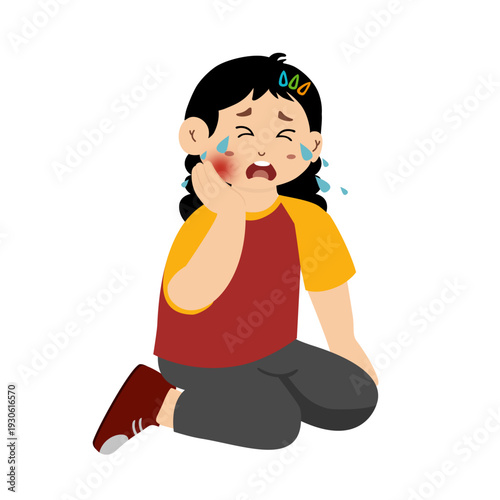 Cute little kid suffering from toothache touching her cheek feeling painful, toothache from eating too much candy. vector illustration