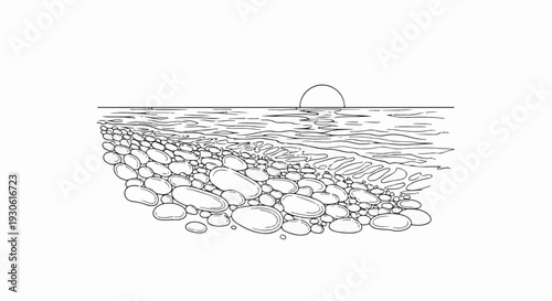 Stylized sketch of a pebbled shoreline meeting calm, wavy water under a setting sun