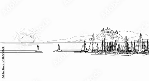 Sunrise over a tranquil harbor filled with sailboats and a castle on the hill