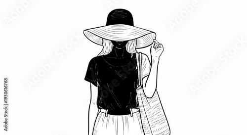 Stylized sketch of a person wearing a wide-brimmed hat and carrying a tote bag