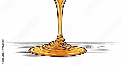 Thick golden liquid cascades and pools on a textured surface