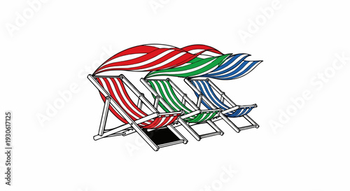 Three striped deck chairs with wavy banners above them