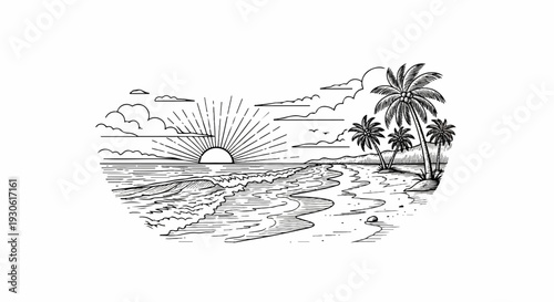 Stylized sketch of a tropical beach at sunrise with palm trees and waves