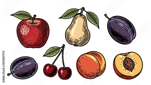 Collection of Hand-Drawn Fruits Including Apple, Pear, and Peach