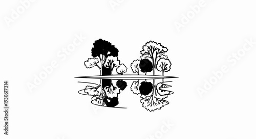 Stylized trees reflected in still water, graphic design