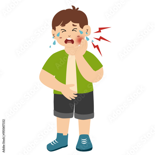 Cute little kid suffering from toothache touching her cheek feeling painful, toothache from eating too much candy. vector illustration