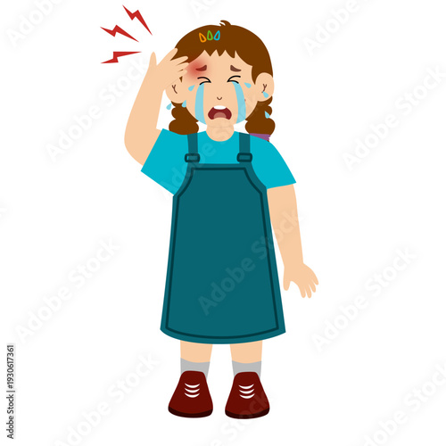 Cute little kid crying because of injury on forehead, head. Vector illustration