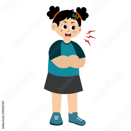 Cute little kid stand and show angry pose expression, vector illustration
