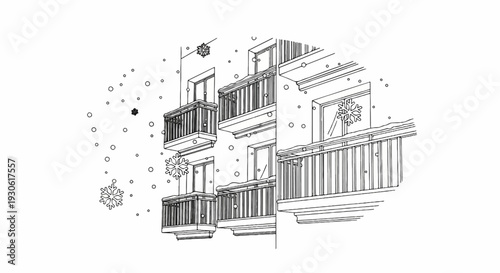 Stylized sketch of building balconies with falling snowflakes