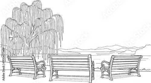 Three benches overlook a serene lake with mountains in the distance