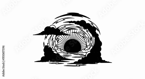 Stylized sun emerging from behind clouds and reflecting on water