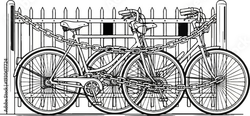 Three bicycles chained to a picket fence, illustrating restriction