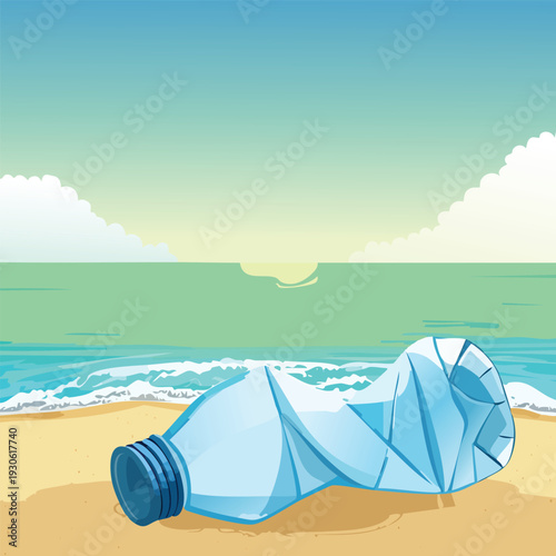Crushed plastic bottle on beach with ocean and sky background