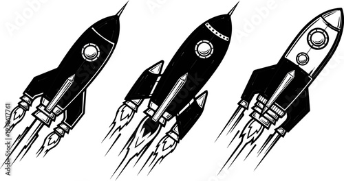 Three black and white graphic rockets in motion with fiery exhaust trails