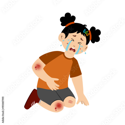 Cute little kid is crying because he fell and injured his leg, hand, and forehead. Vector illustration.