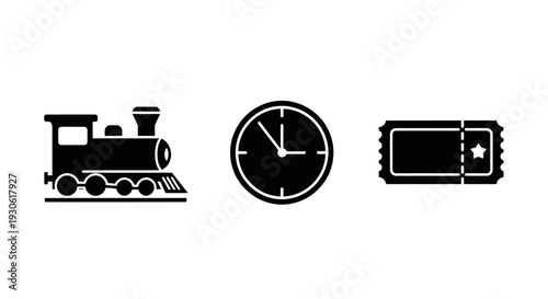 Vintage train, clock, and ticket icons for travel and time concepts