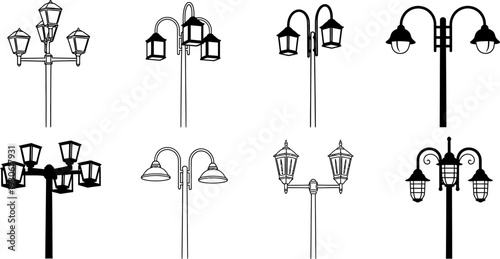 Collection of various street lamp illustrations