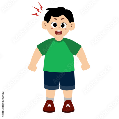 Cute little kid stand and show angry pose expression, vector illustration