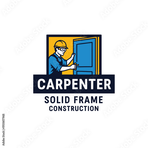 Carpenter with a hard hat working on a door frame construction.