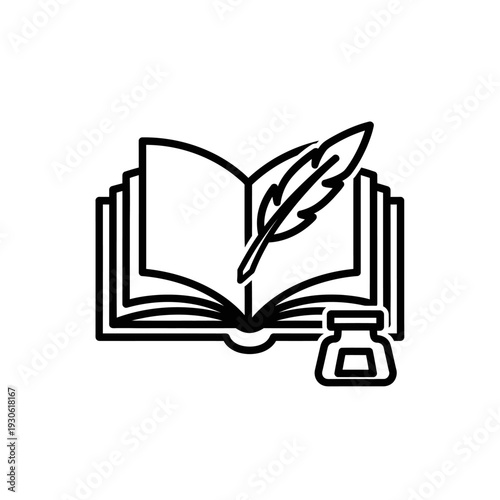 Open Book with Feather Quill and Ink Pot for Creative Writing and Literature