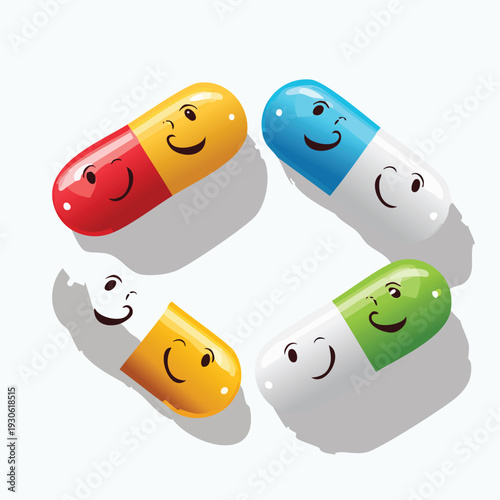 Colorful pills with smiling faces on white background