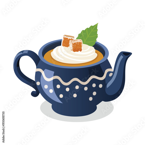 Decorated blue teapot with dessert