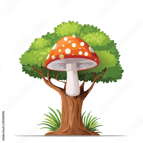 Cartoon mushroom resting on a tree trunk against white