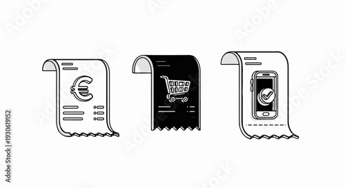 Three icons of receipts one with euro symbol, one with shopping cart, one with phone