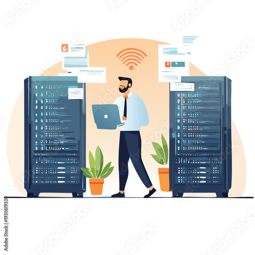 Data center technician works with server racks and wireless signal