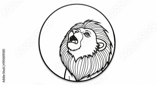 Stylized roaring lion head in a circular outline, black and white, bold lines
