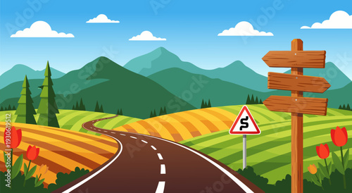 Scenic winding road through rolling hills and farmland, a vibrant vector illustration of a beautiful landscape with mountains and clouds
