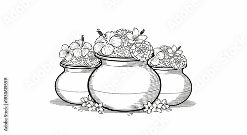 Three patterned pots filled with flowers and rice, rendered in black and white