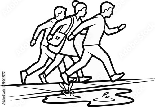 Three people hurry through a puddle on a tiled path