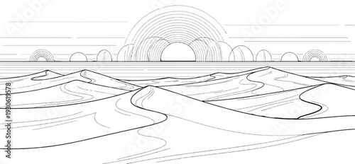 Stylized desert landscape with rolling dunes and a segmented arc horizon