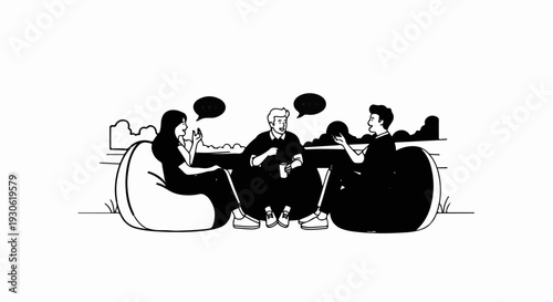 Three people conversing while relaxing on large beanbag chairs outdoors