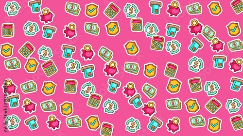 Pink background with banking and finance stickers. Suitable for financial presentations, marketing materials, and social media posts about money management.