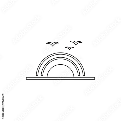 Minimalist Sunset Illustration with Flying Birds and Smooth Horizon Line