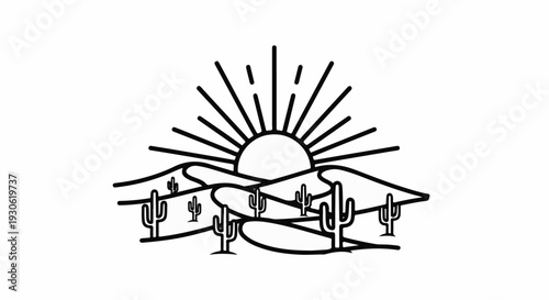 Stylized desert landscape with sun rising over sand dunes and cacti