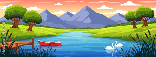 Serene landscape vector illustration featuring a calm lake, swans, a rowboat, mountains, and lush greenery at sunset