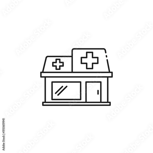 Modern Medical Clinic Building Exterior with Healthcare Symbols