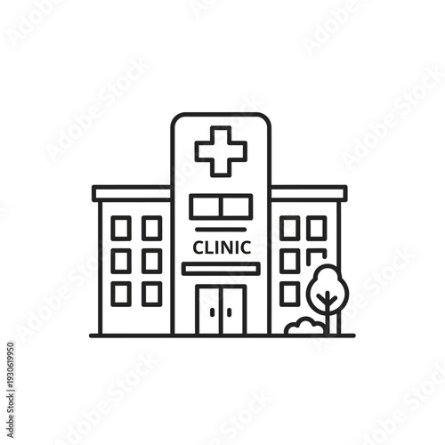 Modern Medical Clinic Building Exterior with Healthcare Symbol and Landscaping