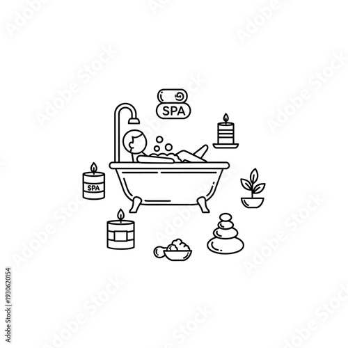 Relaxing at Home Spa with Bathtub, Candles, and Plant for Wellness and Self-Care