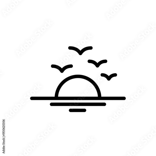 Minimalist Sunset Scene with Seagulls Flying Over Horizon