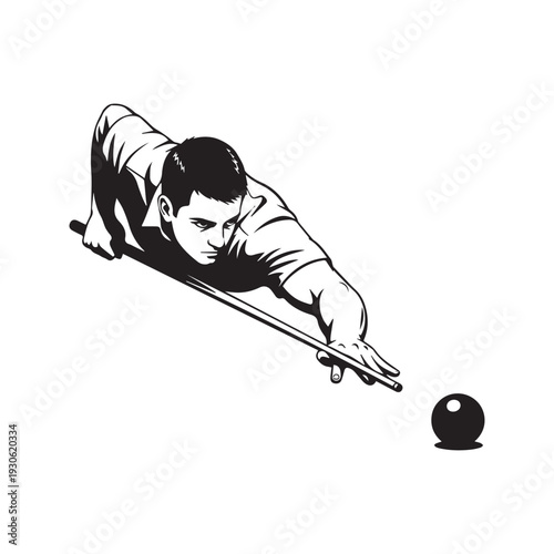 Billiard player aiming at ball with cue stick silhouette vector illustration
