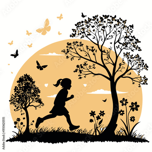 Silhouette illustration of a boy and girl sitting on a tree branch at sunset with a glowing orange moon and black birds in a night sky landscape art